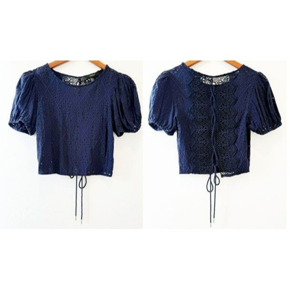 FOREVER 21 Women's Navy Blue Lace Sheer Corset Back Crop Top Cottagecore Small